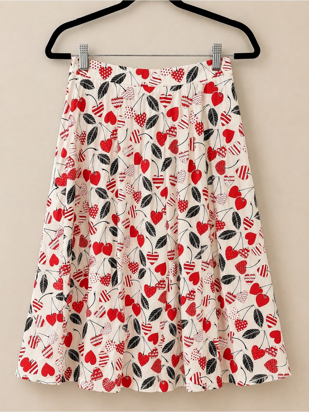 NWT Cream Midi Skirt with Red Heart Cherry Print Dots Stripes 100% Cotton - Picture 1 of 5